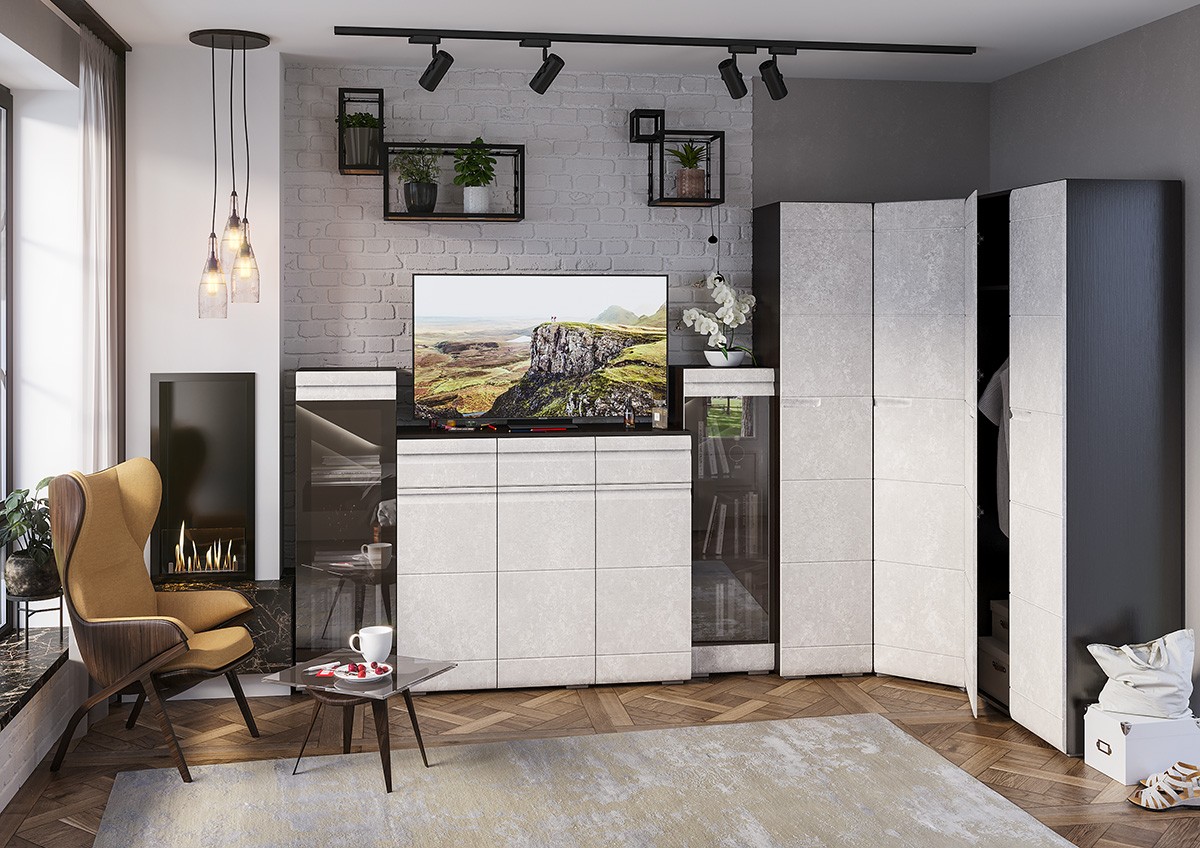 Гостиная Бостон-1/3 Венге/Бетон Белый (Гостиная Ш-3116+1516 + Шкаф-1500 мм x В-2000 мм x Г-450 мм)