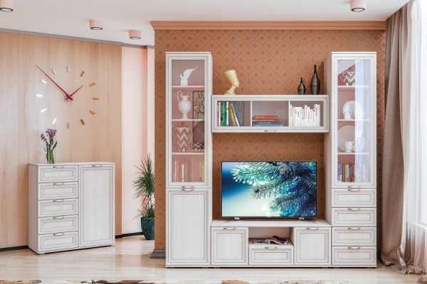 Гостиная "Бьянка" МДФ Ясень Анкор Светлый (Ш-2100 * В-2166 * Г-455 мм)