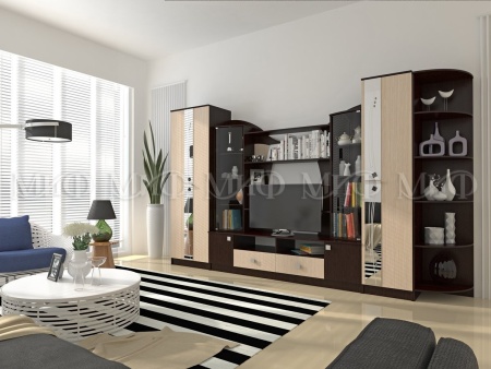 Гостиная Гамма (Ш-3654 мм x В-2200 мм x Г-530 мм)/Дуб Венге/Дуб Беленый